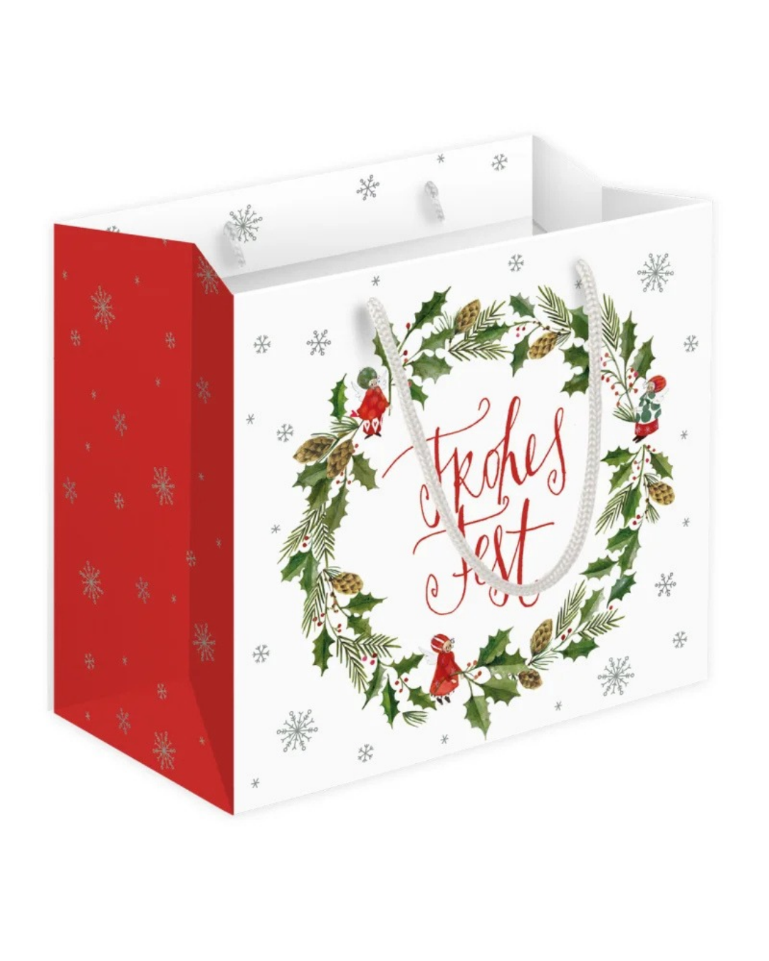 Kompakte Geschenktasche "Weihanchtsengel" vom Grätz Verlag vor weißen Hintergrund. Die Geschenktasche ist vorne/hinten weiß mit roten Seiten. Das Motiv zeigt einen Weihnachtskranz und die Aufschrift "Frohes Fest" in rot.