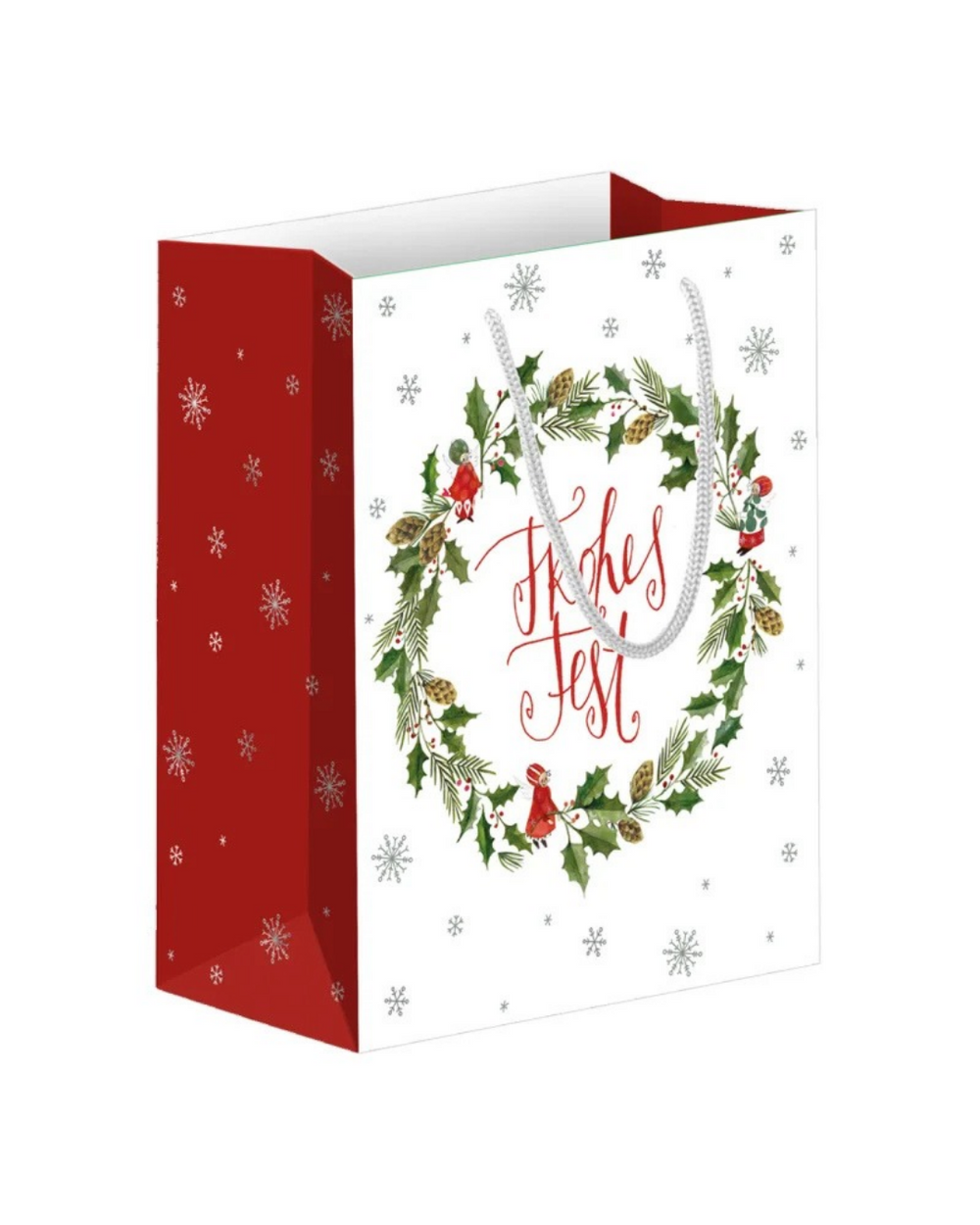 Mittelgroße Geschenktasche "Weihanchtsengel" vom Grätz Verlag vor weißen Hintergrund. Die Geschenktasche ist vorne/hinten weiß mit roten Seiten. Das Motiv zeigt einen Weihnachtskranz und die Aufschrift "Frohes Fest" in rot.