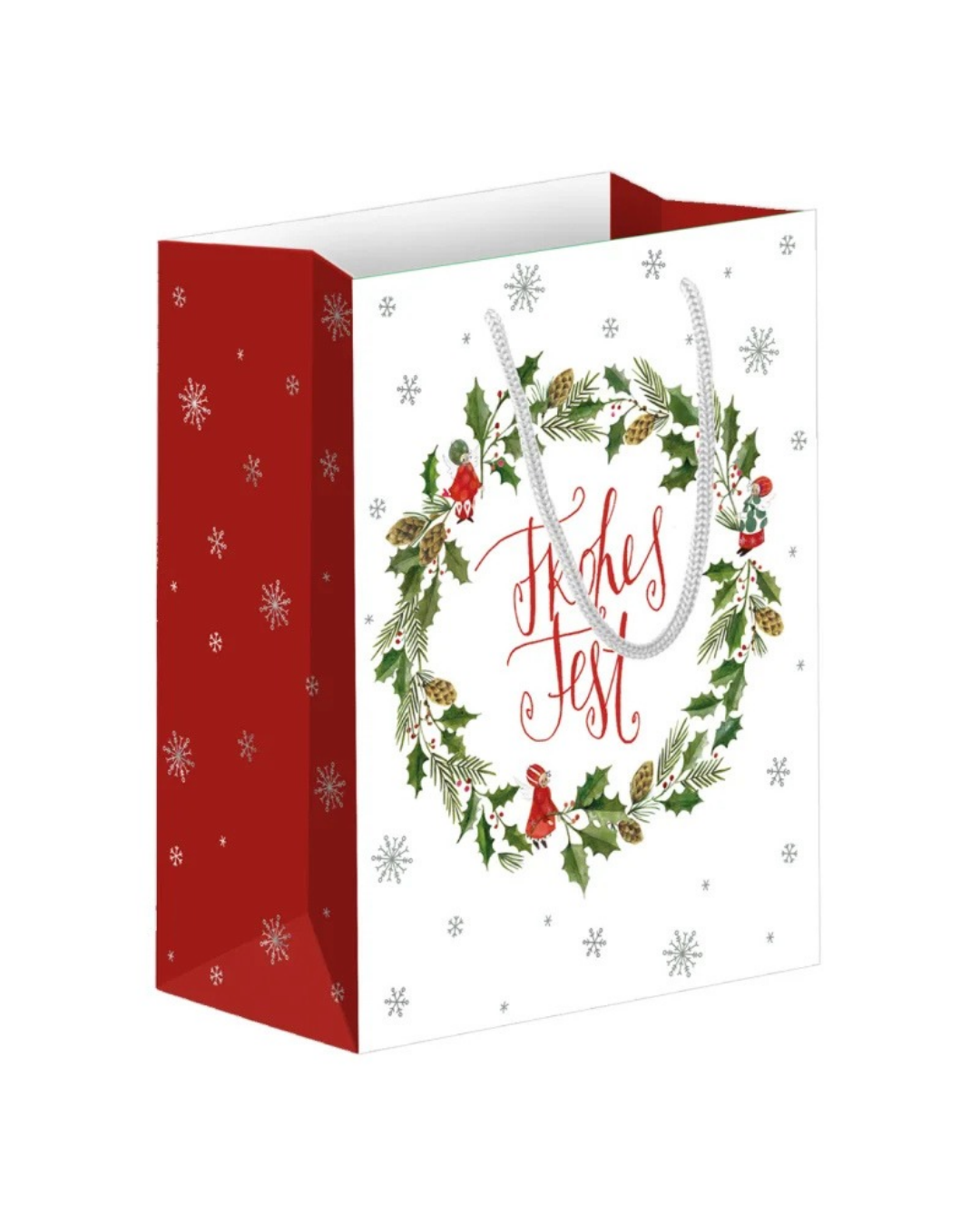 Mittelgroße Geschenktasche "Weihanchtsengel" vom Grätz Verlag vor weißen Hintergrund. Die Geschenktasche ist vorne/hinten weiß mit roten Seiten. Das Motiv zeigt einen Weihnachtskranz und die Aufschrift "Frohes Fest" in rot.