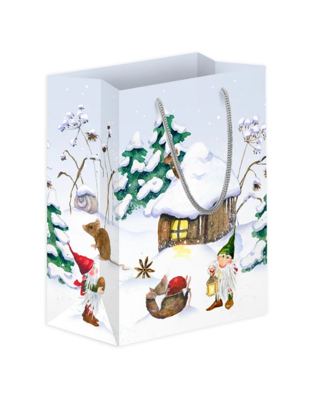 Geschenktasche "Weihnachtswichtel" vom Grätz Verlag. Illustriert von Daniela Drescher mit winterlichem Wichtelmotiv, einer kleinen Laterne, kleinen Mäuschen und eingeschneiten Bäumen und Pflanzen.