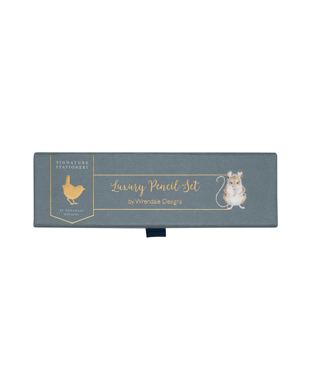 Geschlossene Geschenkbox des Bleistifte-Sets „Signature Stationery“ von Wrendale Designs mit Mausillustration und goldfarbenen Details.