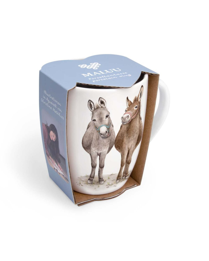 Esel Tasse Cheeky Donkeys von Maluu in blauer Geschenkverpackung mit Sichtfenster und Motivdruck
