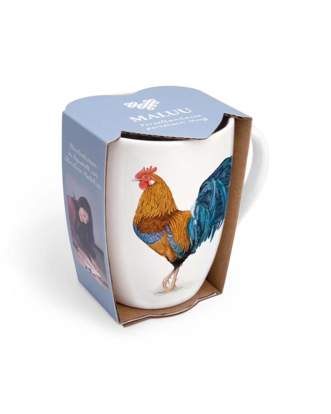 Hühner Tasse Chicken & Rooster von Maluu in blauer Geschenkverpackung mit sichtbarem Hahnmotiv auf der Tasse