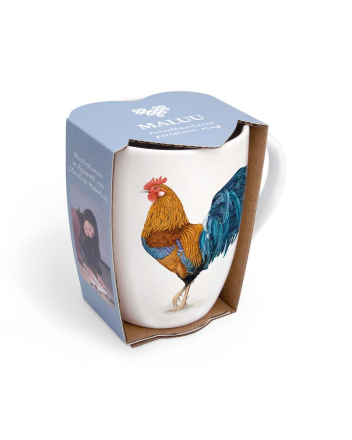 Hühner Tasse Chicken & Rooster von Maluu in blauer Geschenkverpackung mit sichtbarem Hahnmotiv auf der Tasse