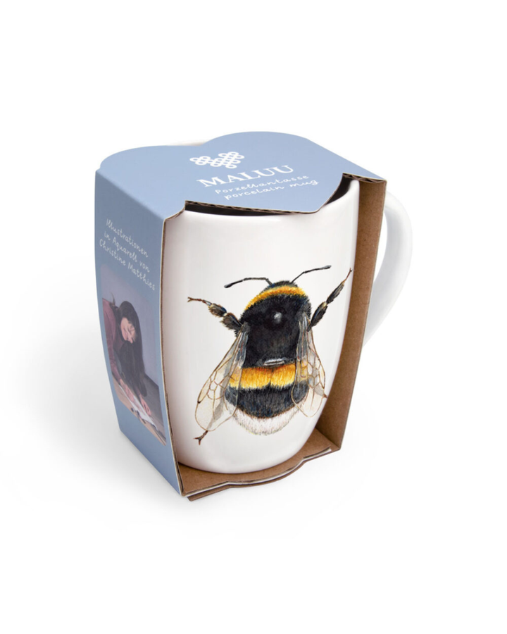 Hummel Tasse Bumble Bee von Maluu in blauer Geschenkverpackung mit sichtbarem Hummelmotiv auf der Tasse
