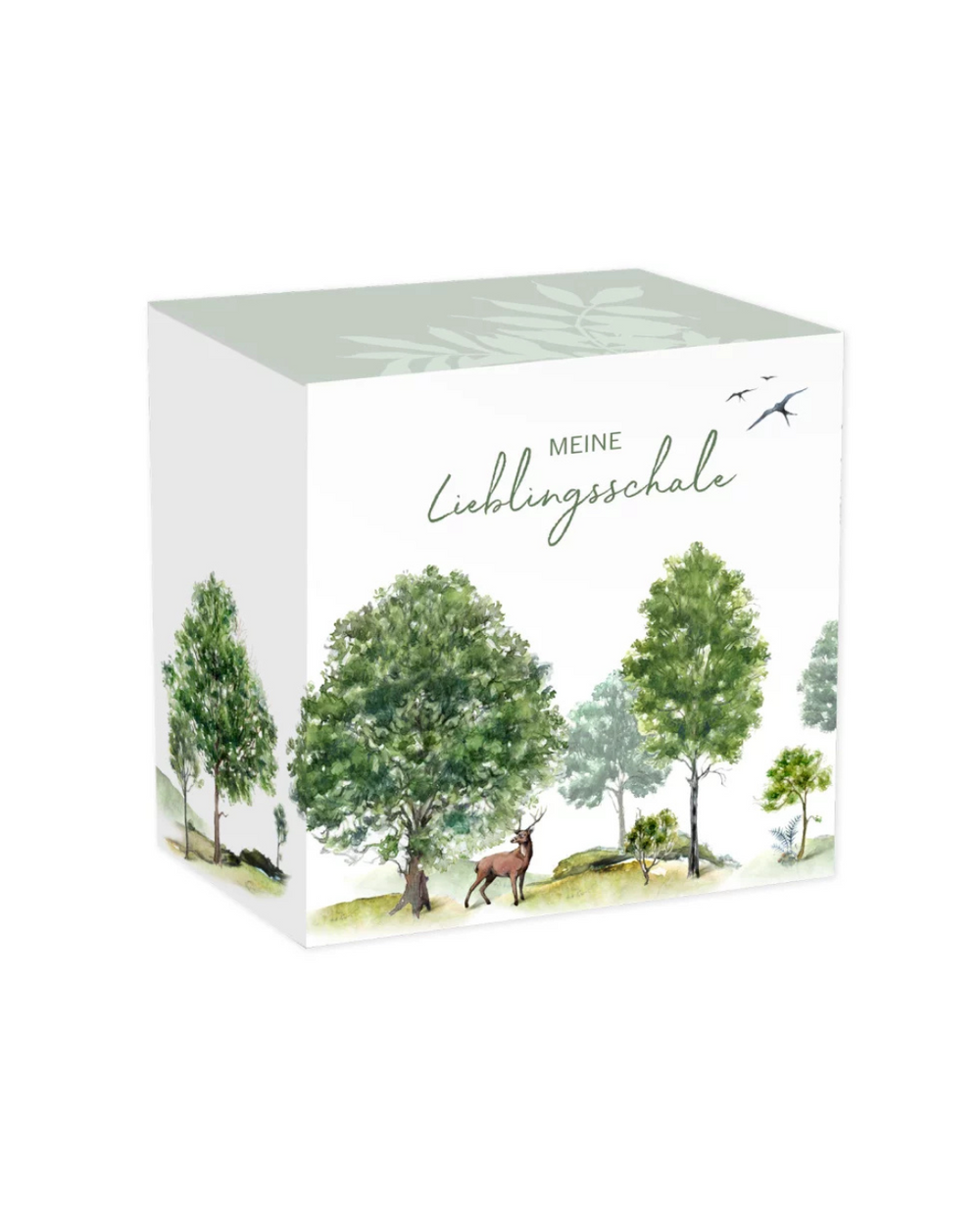 Geschenkbox der Müslischale Laubbäume vom Grätz Verlag mit Baum- und Tiermotiven von Sophia Drescher vor weißem Hintergrund.