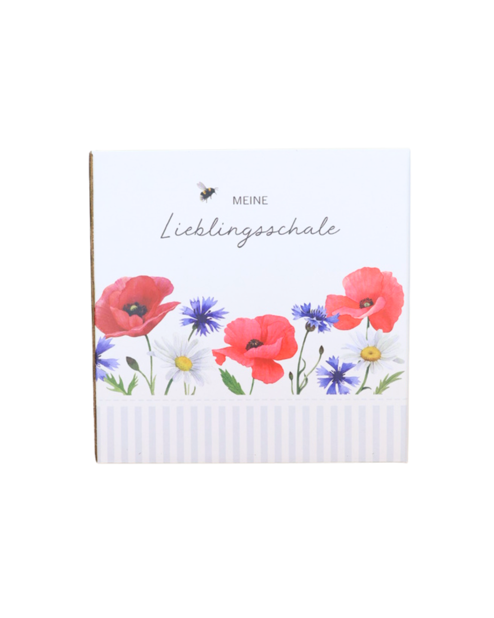 Geschenkverpackung der großen Müslischale Blumenmeer mit Blumenmotiv und der Aufschrift „Meine Lieblingsschale“ der Marke Grätz Verlag, isoliert auf weißem Hintergrund.