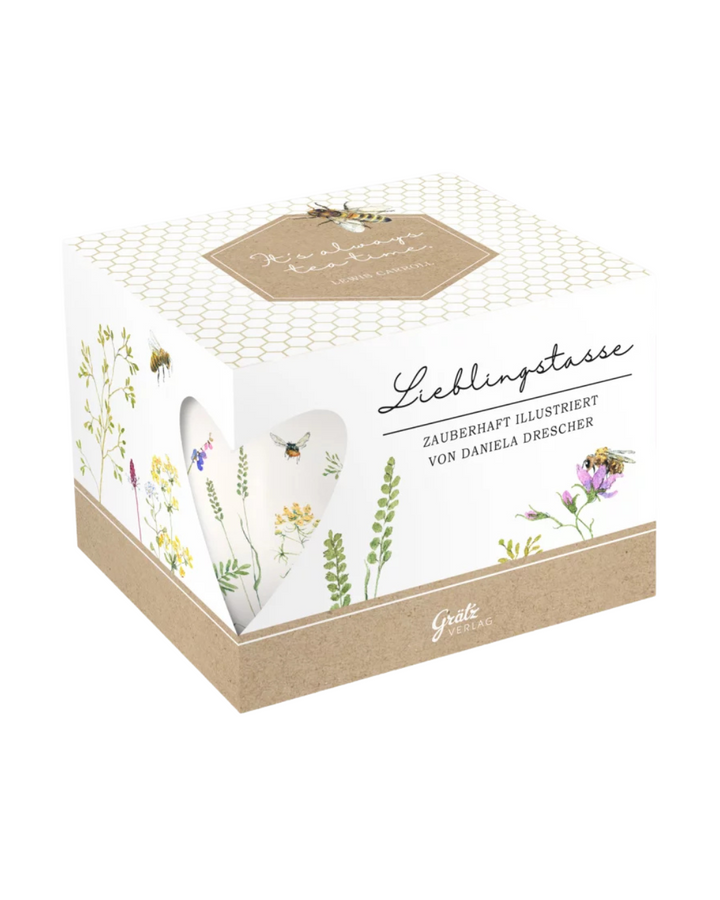 Auch die hübsche Geschenkverpackung zeigt die Motive der Lieblingstasse Bienen vom Grätz Verlag.
