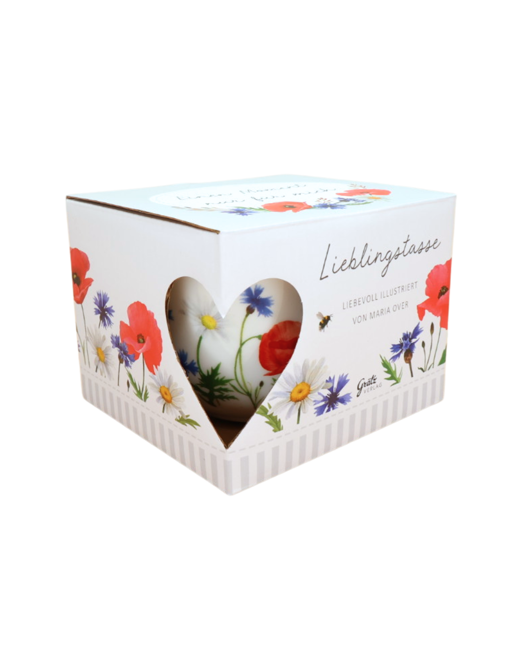 Geschenkverpackung der Lieblingstasse Blumenmeer mit Blumenmotiv und Herzausschnitt der Marke Grätz Verlag, isoliert auf weißem Hintergrund.