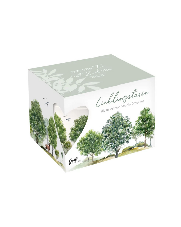 Geschenkverpackung Lieblingstasse Laubbäume vom Grätz Verlag, gestaltet mit grünen Bäumen und Waldmotiv von Sophia Drescher vor weißem Hintergrund.