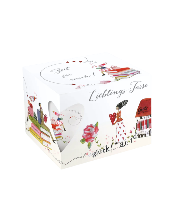 Lieblingstasse „Lesefreude“ vom Grätz Verlag, Verpackung mit passendem Design.
