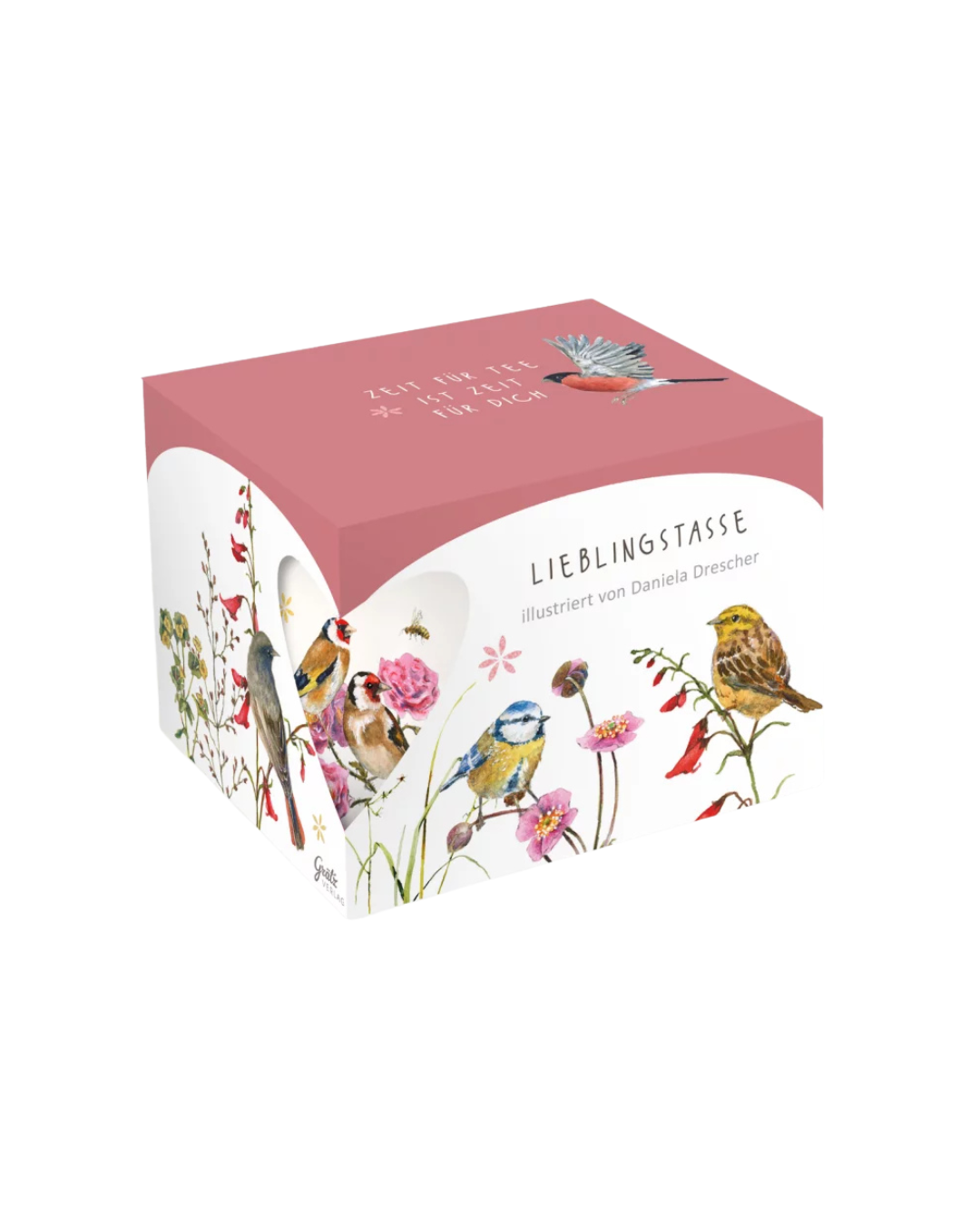 Geschenkverpackung mit der Zeit für Harmonie Lieblingstasse vom Grätz Verlag vor weißem Hintergrund.