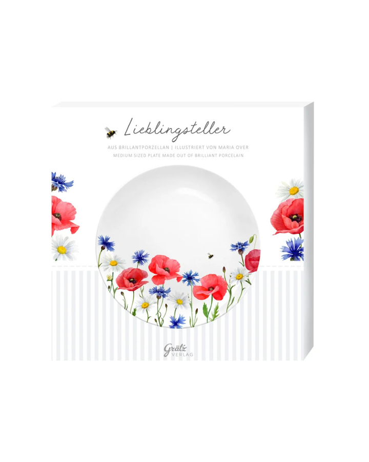 Verpackung des Frühstückstellers „Blumenmeer“ vom Grätz Verlag mit floralen Blumenmotiven und Produktabbildung auf der Box