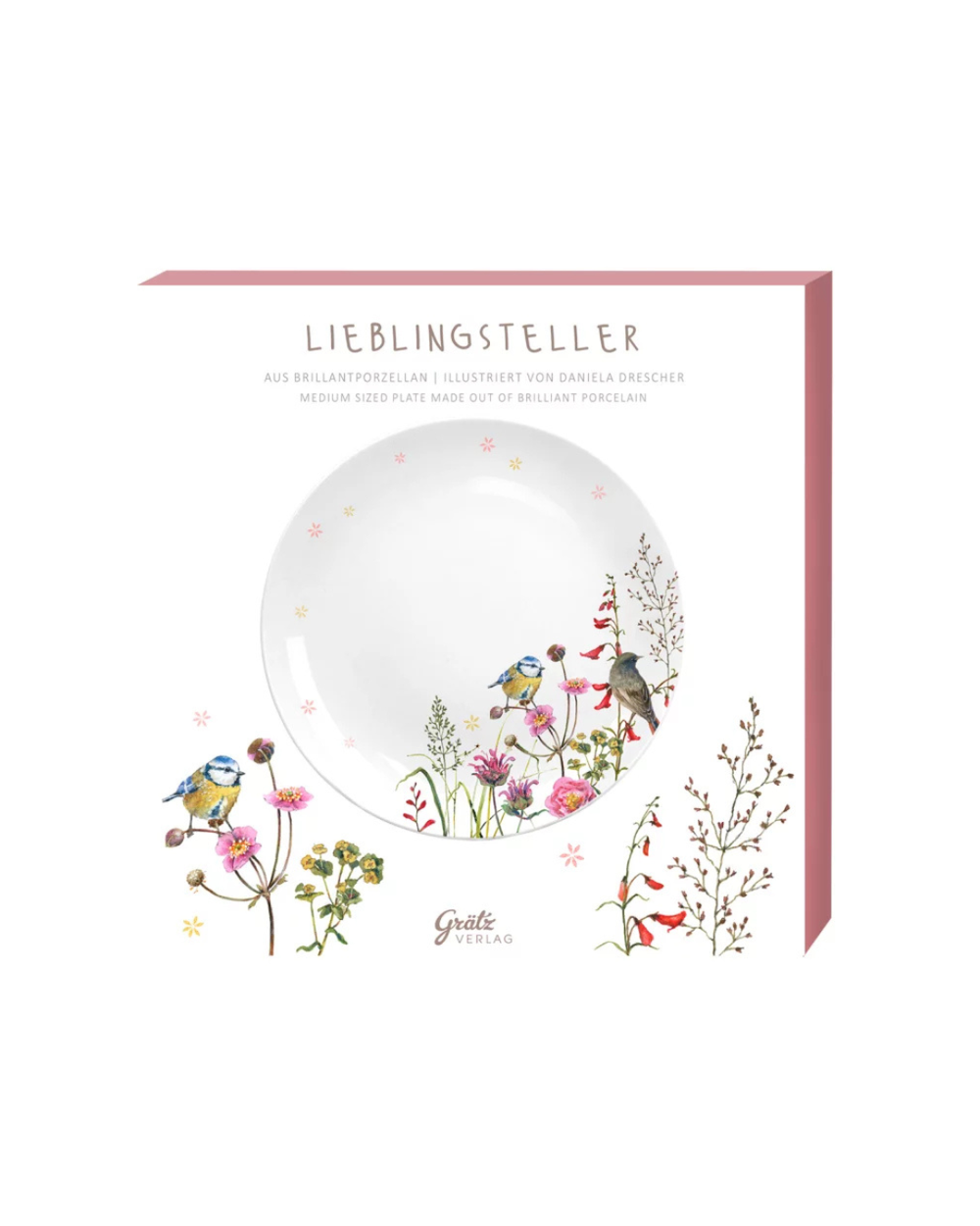 Geschenkverpackung des Frühstückstellers Zeit für Harmonie mit Vogel- und Blumenillustrationen von Daniela Drescher vor weißem Hintergrund.