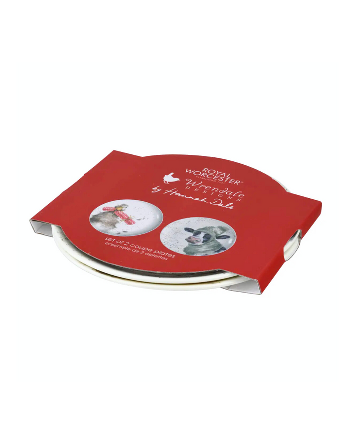 Geschenkverpackung des weihnachtlichen Frühstücksteller-Sets „Ente & Kuh“ von Wrendale Designs vor weißem Hintergrund.
