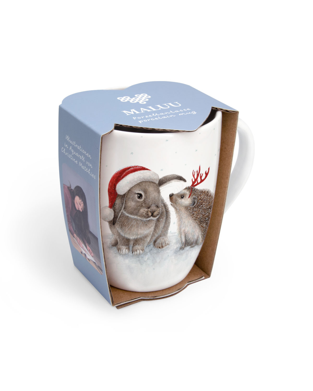 Geschenkverpackung der Maluu Weihnachtstasse Sweet Christmas mit Kaninchen und Igel-Motiv.