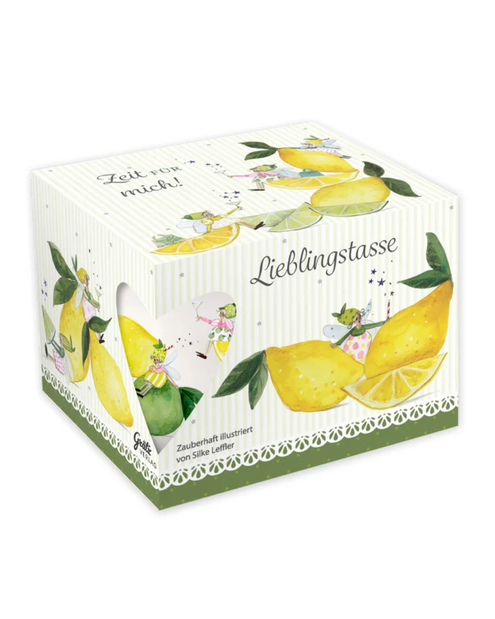 Geschenkverpackung der Zitronen Lieblingstasse "Fresh Lemons" vom Grätz Verlag vor weißem Hintergund.