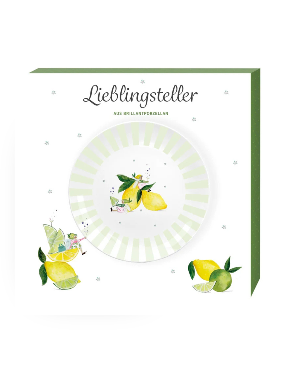 Die Verpackung des Tellers "Fresh Lemons" vom Grätz erlag zeigt den Teller mit den beiden Zitronen und den zwei daran und darauf sitzenden Elfen. Auf dem Karton ist in der unteren linkenEcke eine weitere Elfe zu sehen, welche sich am Vitamin-C Lieferanten nährt.