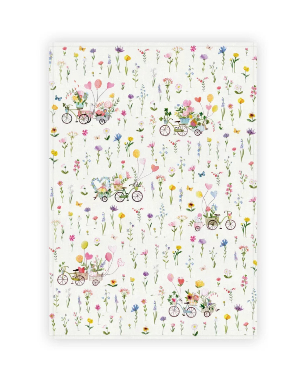 Ausgebreitetes Geschirrtuch „Auf ins Glück“ vom Grätz Verlag mit detailreichen Blumenillustrationen und verspielten Fahrradmotiven.
