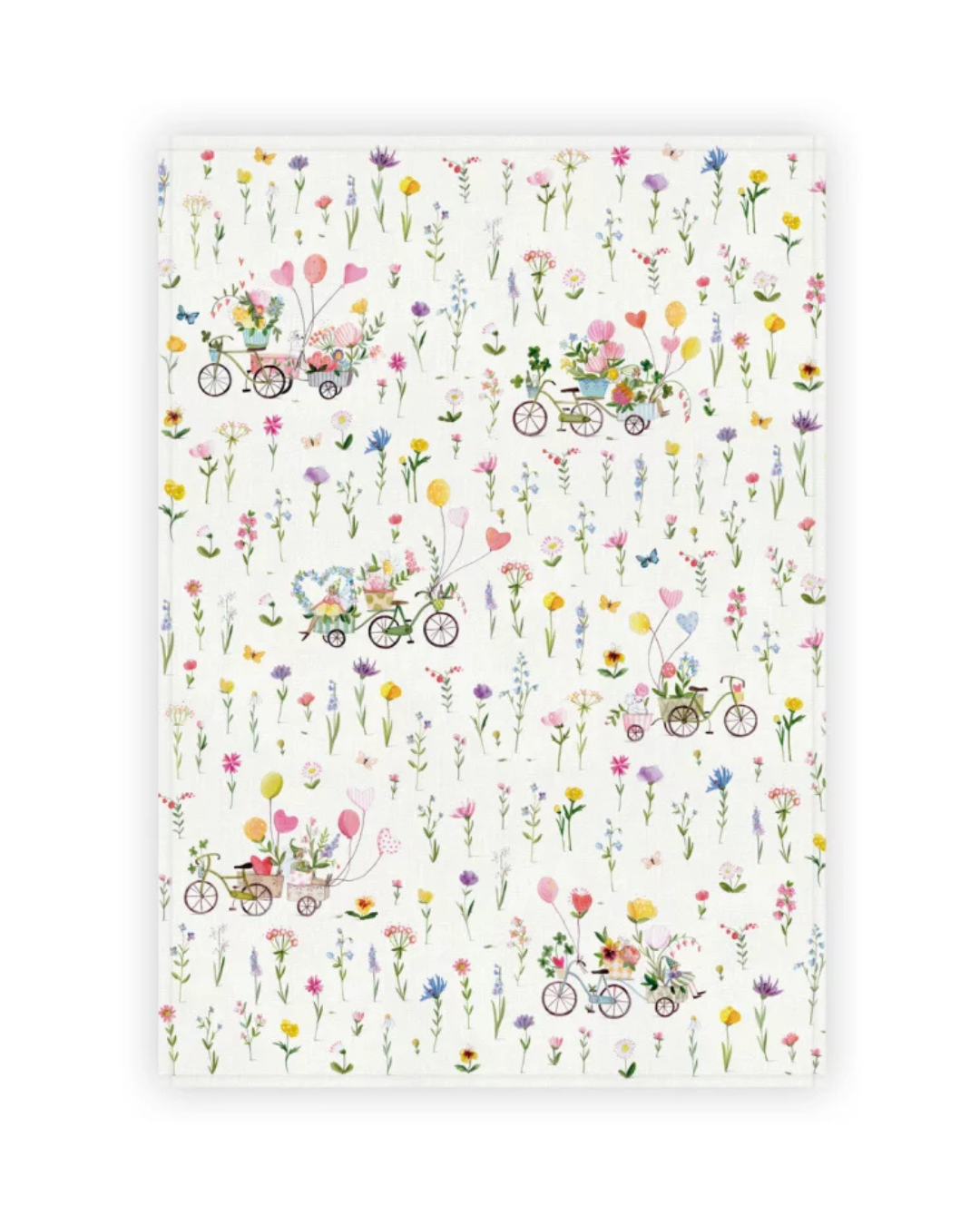 Ausgebreitetes Geschirrtuch „Auf ins Glück“ vom Grätz Verlag mit detailreichen Blumenillustrationen und verspielten Fahrradmotiven.