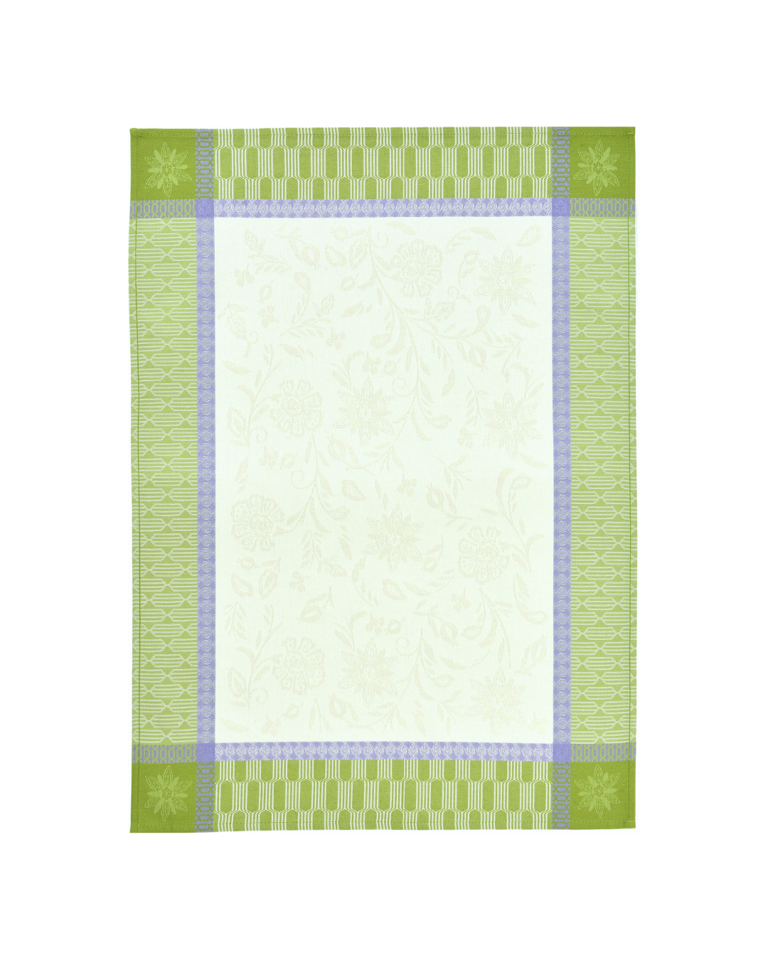 Blumen-Geschirrtuch Claude von Sander mit hellem Mittelteil und grün gemustertem Rand.