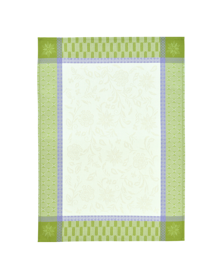 Blumen-Geschirrtuch Claude von Sander mit hellem Mittelteil und grün gemustertem Rand.