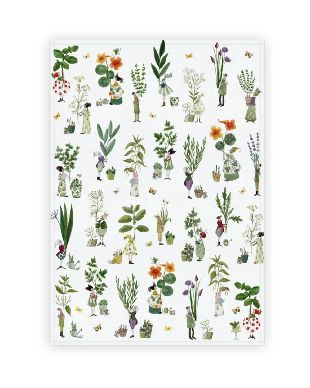 Geschirrtuch „Kräutergarten“ vom Grätz Verlag mit flächigem Muster aus Kräutern und Figuren auf hellem Hintergrund