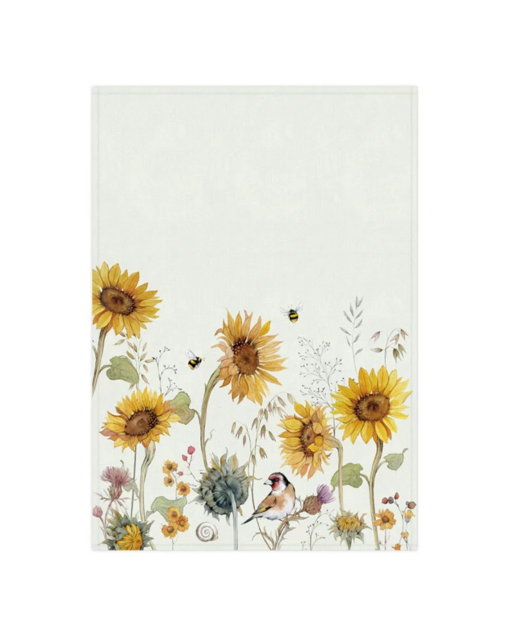 Von Sophia Drescher illustriertes Sonnenblumen Geschirrtuch vom Grätz Verlag vor weißem Hintergrund.