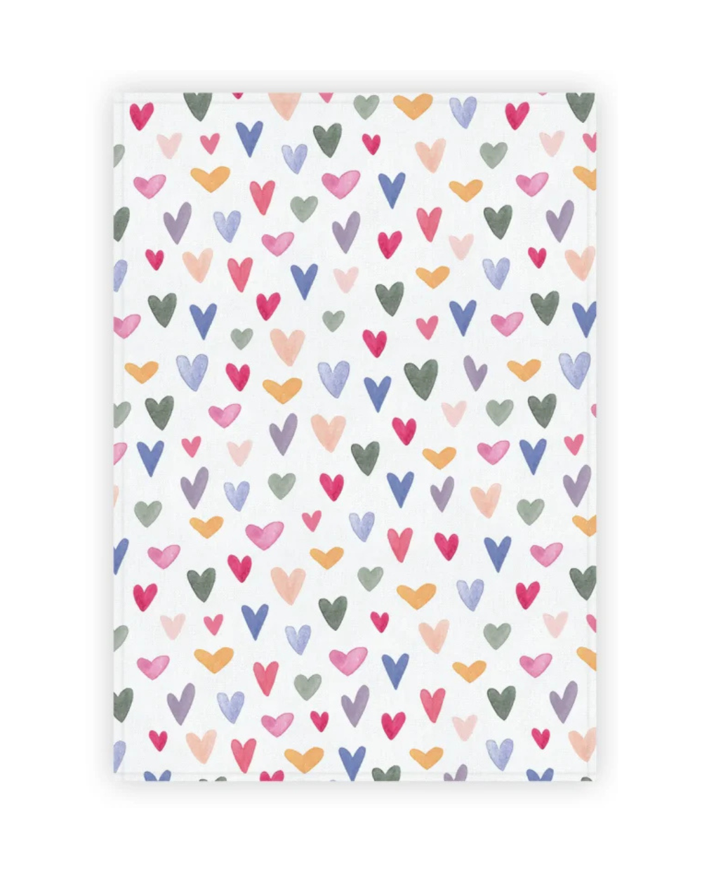 Geschirrtuch „Von Herzen“ vom Grätz Verlag mit dicht verteilt dargestellten, bunten Herzmotiven auf hellem Hintergrund, flach ausgelegt und frontal fotografiert.