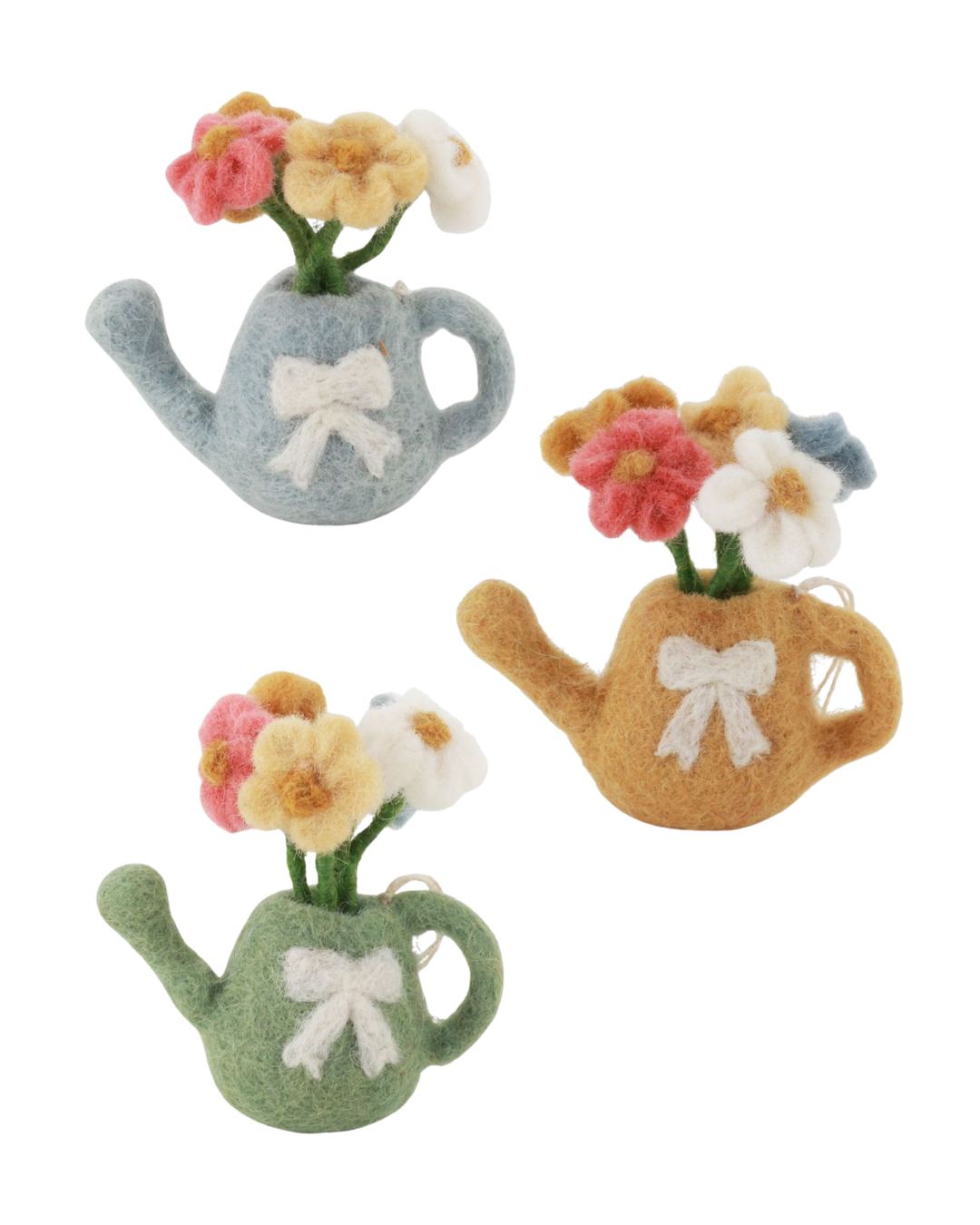 Filz-Gießkannen mit Blumen in Gelb, Grün und Hellblau als Anhänger von Gry & Sif.