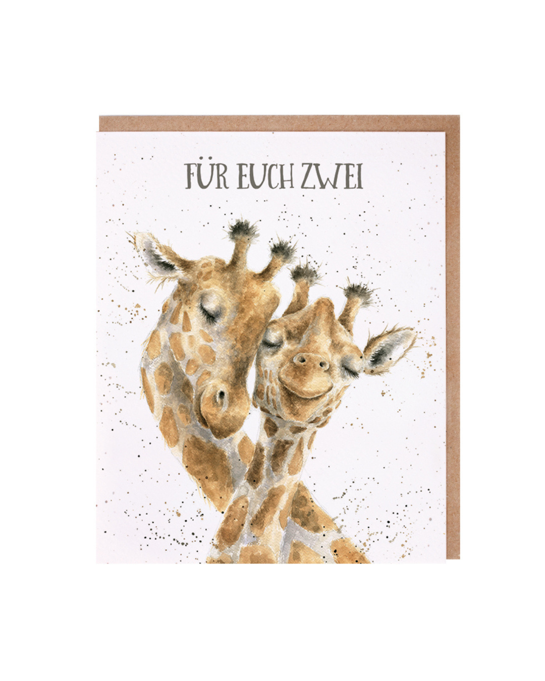 Giraffen Grußkarte von Wrendale Designs vor weißen Hintergrund. Das Motiv beinhaltet 2 Giraffen die mit einander schmusen und die Aufschrift "FÜR EUCH ZWEI".