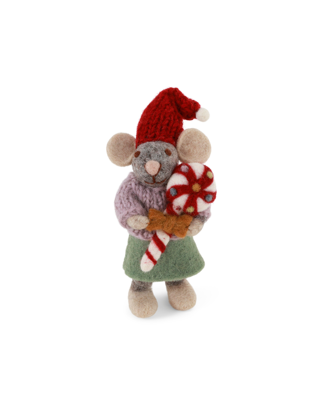 Graue Filzmaus mit Lolli von Gry & Sif als Weihnachtsanhänger vor weißem Hintergrund.