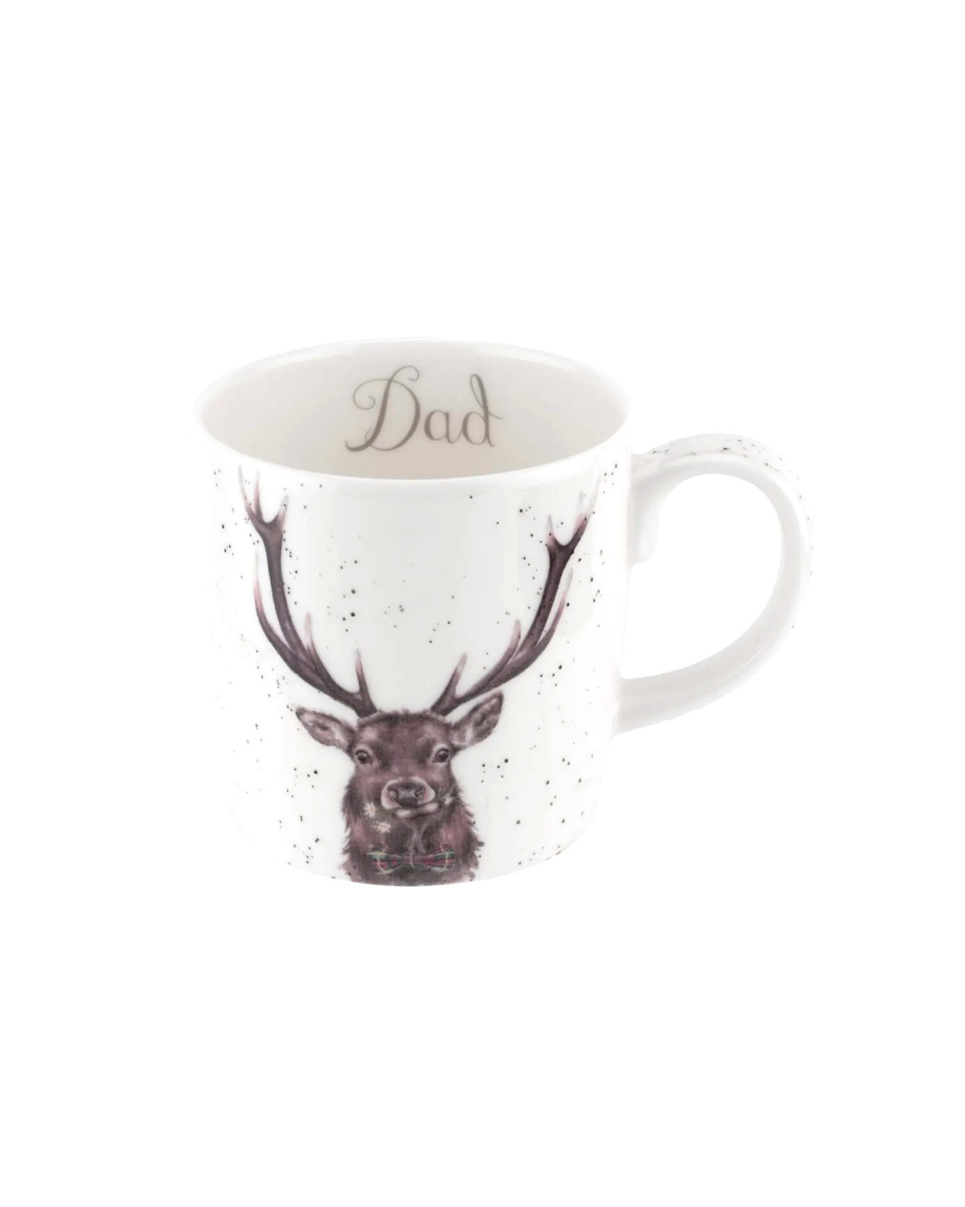 Große Wrendale Designs Tasse Dad mit Hirschmotiv und Geweih auf weißer Porzellantasse, Schriftzug Dad im Inneren