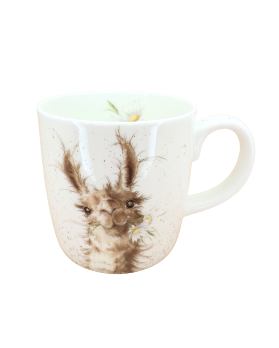 Eine weiße Tasse mit Lama-Motiv und Gänseblümchen-Kranz von Wrendale Designs. Das Lama schaut freundlich aus der Tasse heraus.