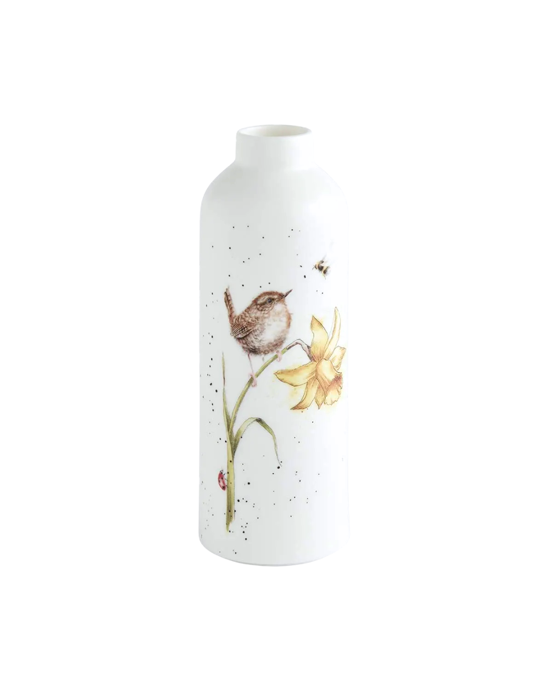 Große Blumenvase aus dem 3er Set von Wrendale Designs. Auf der Vase ist ein kleiner niedlicher Vogel zu sehen welcher auf einer Blume sitzt und einer Biene hinterher schaut. Die Vase liegtr vor einem weißen Hintergrund.