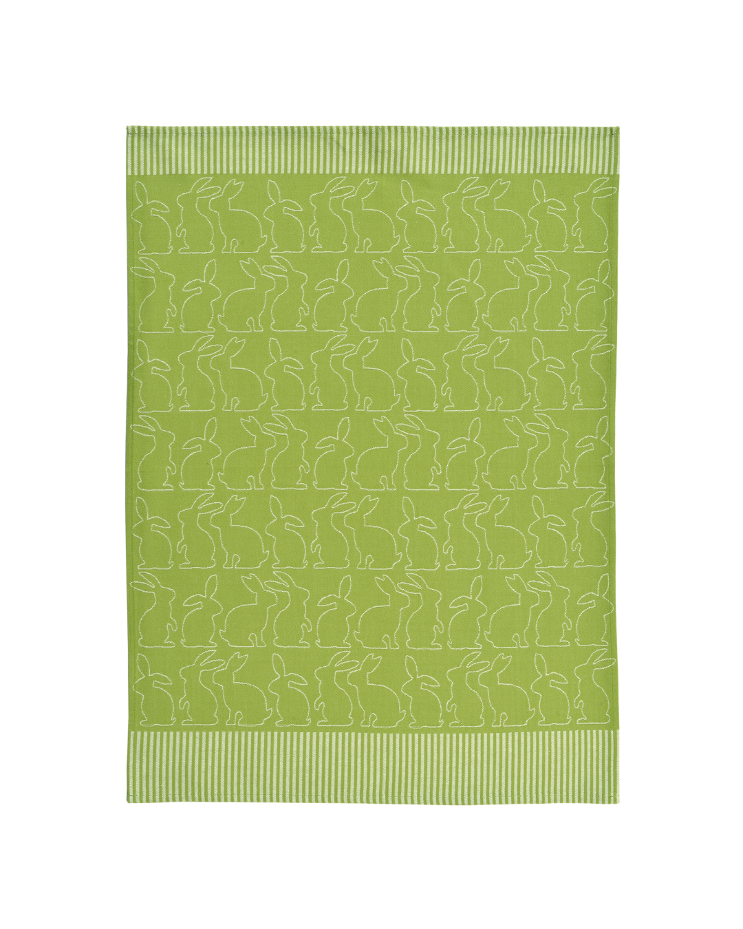 Grünes Geschirrtuch „Pascha“ von Sander mit eingewebtem Hasenmotiv und gestreiftem Abschluss, flach ausgebreitet vor weißem Hintergrund.