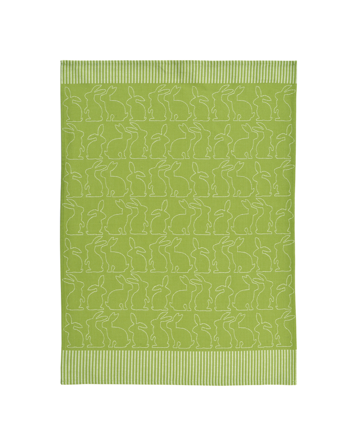 Grünes Geschirrtuch „Pascha“ von Sander mit eingewebtem Hasenmotiv und gestreiftem Abschluss, flach ausgebreitet vor weißem Hintergrund.