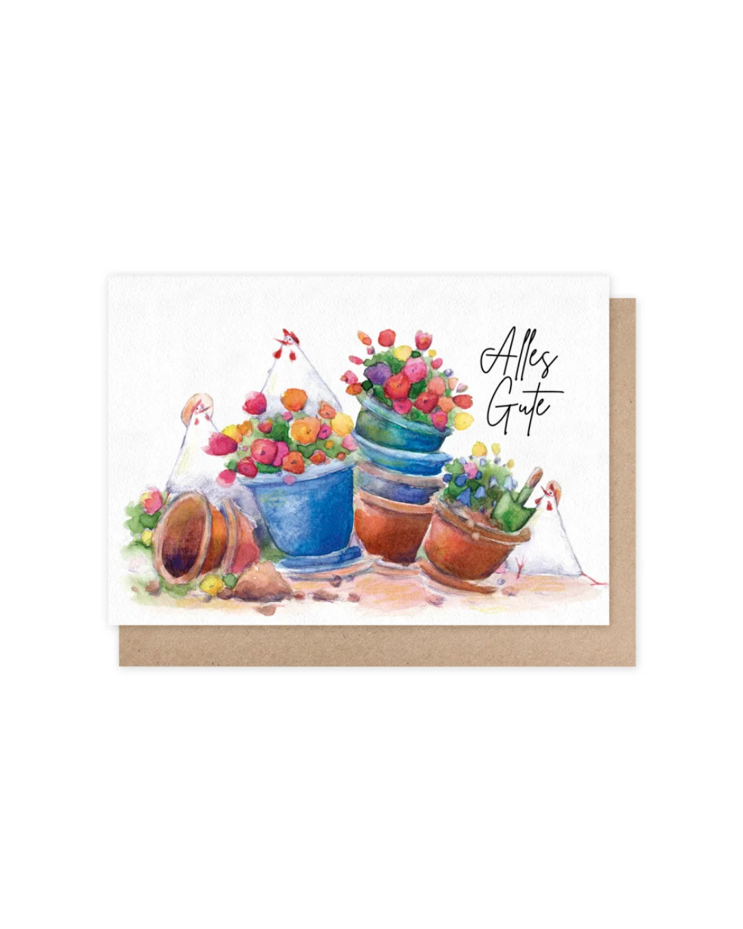 Illustration der Geburtstagskarte „Alles Gute Töpfe“ vom Grätz Verlag mit drei Hühnern zwischen bunten Blumentöpfen voller Blumen, Schriftzug „Alles Gute“ auf hellem Hintergrund, inklusive braunem Umschlag.