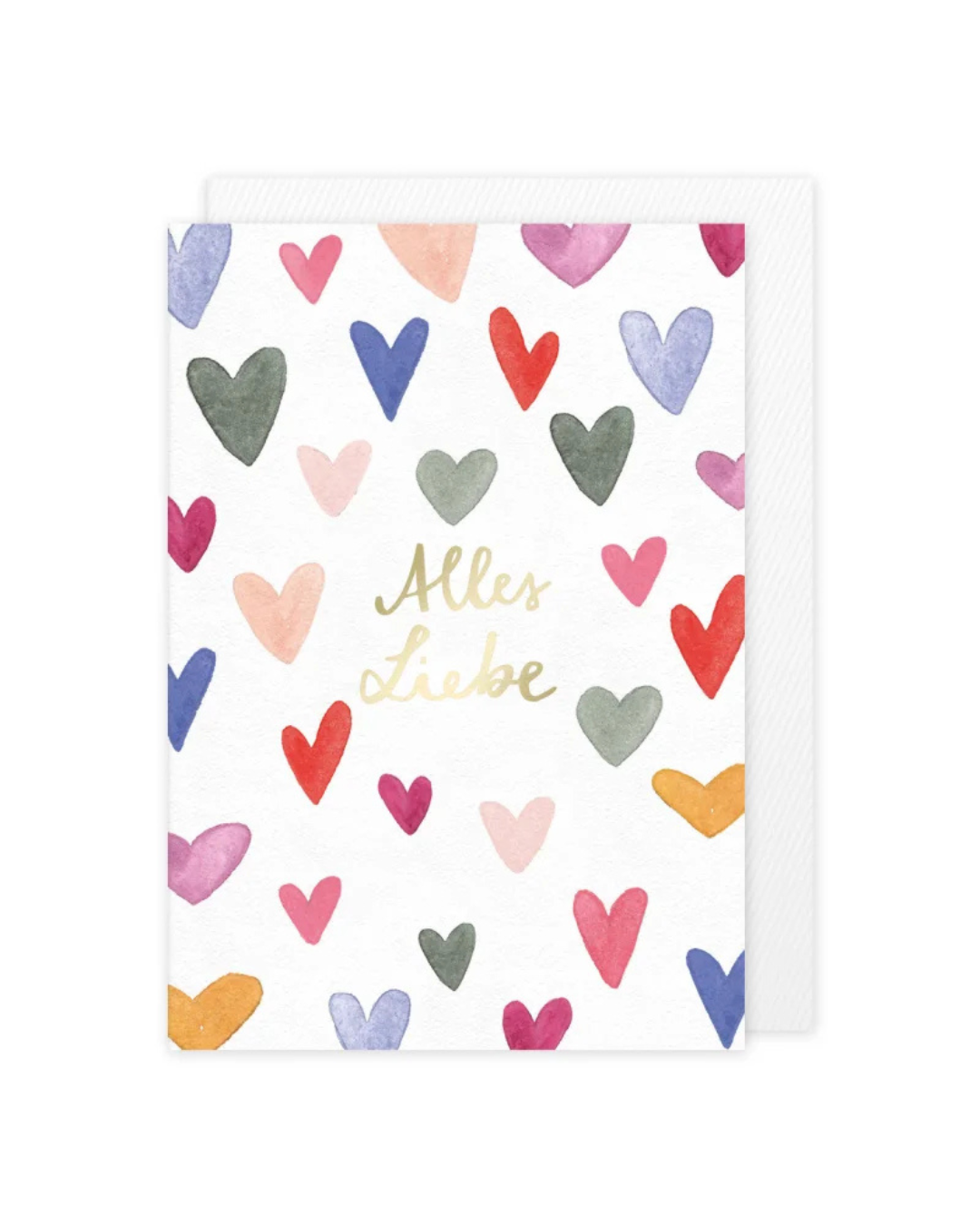 Die Grußkarte "Alles Liebe" vom Grätz Verlag ist in der Mitte mit einem goldenen "Alles  Liebe" Aufdruck versehen. Designerin Lena Yokota hat den Schriftzug mit bunten Herzchen in Pastelltönen umringt. 