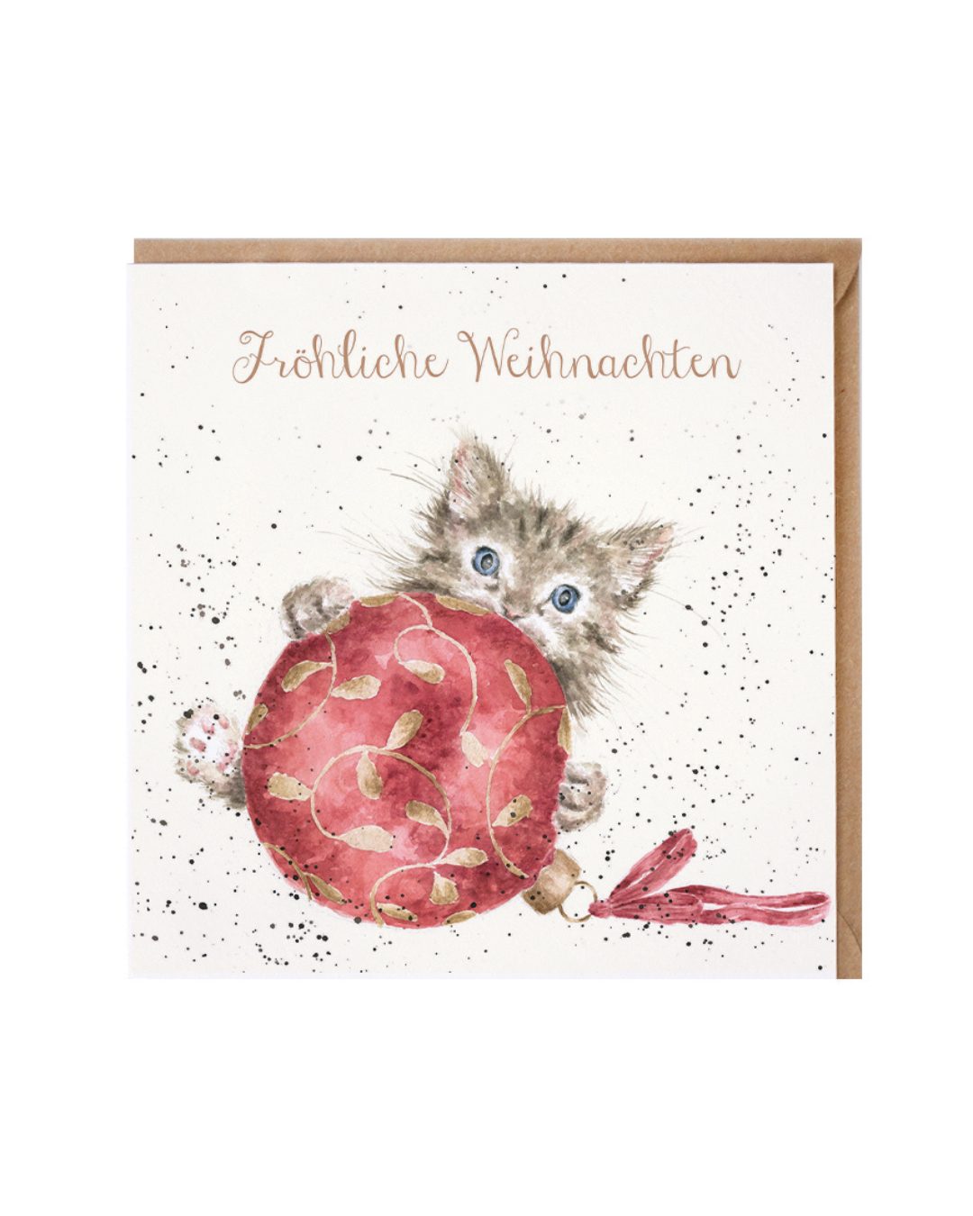 Die Doppelkarte "Christmas Baubles" von Wrendale Designs zeigt ein niedliches Kätzchen beim Spiel mit einer knallroten Christbaumkugeln mit goldenen Rankenverzierungen. Durch die weit aufgerissenen Augen wirkt das von Hannah Dale illustrierte Kätzchen so, als wäre es beim verbotenem Spiel mit der Deko ertappt worden. Der zarte Schriftzug "Fröhliche Weihnachten" steht in der oberen Bildmitte.