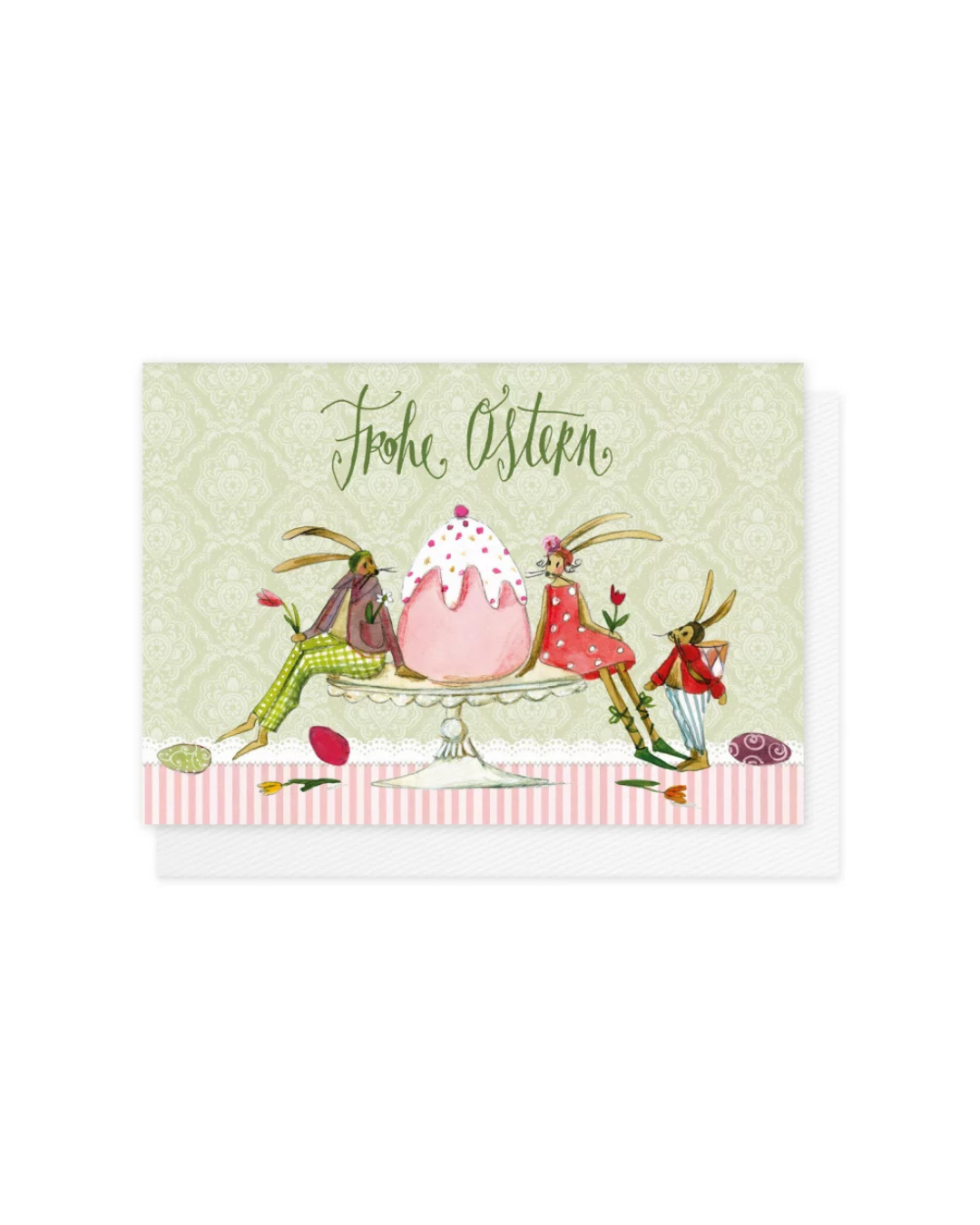 Illustration der Grußkarte „Ei-Muffin“ vom Grätz Verlag mit Hasenfiguren, dekorativem Ei-Muffin auf einer Tortenplatte, Ostereiern und Schriftzug „Frohe Ostern“ auf gemustertem Hintergrund.