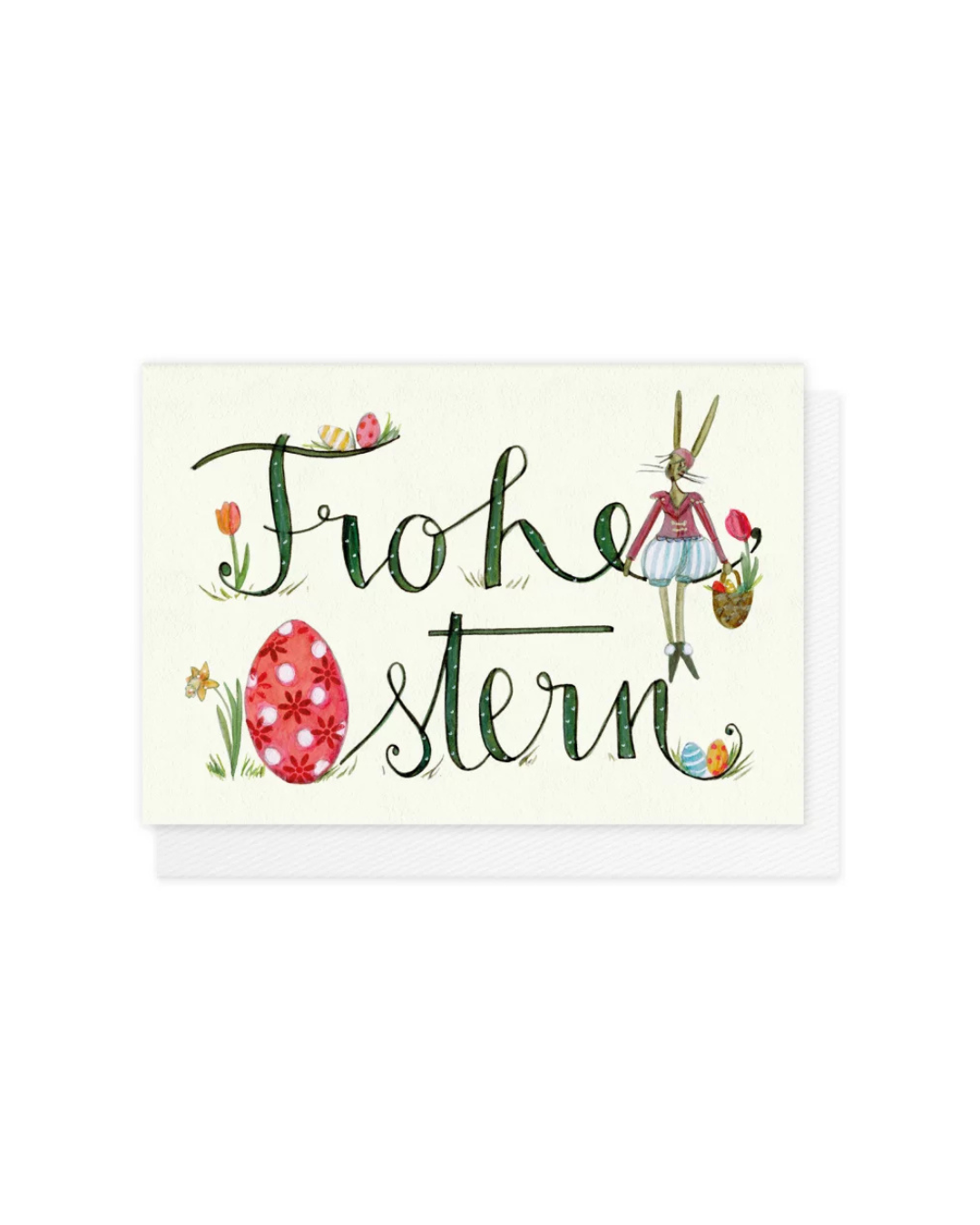 Illustration der Grußkarte „Frohe Ostern“ vom Grätz Verlag mit handgezeichnetem Hasen, dekorativem Osterei, Frühlingsblumen und Schriftzug auf hellem Hintergrund.
