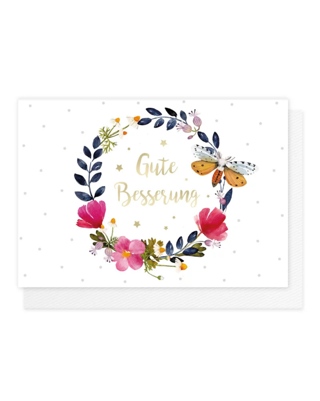 Die Grußkarte "Gute Besserung" zeigt eine farbenfrohe Blumenkranzillustration von Maria Over. Rosafarbene Blüten, weiße Margeriten und blaublättrige Zweige formen den Blumenkranz, welvher einen Falter angelockt hat.