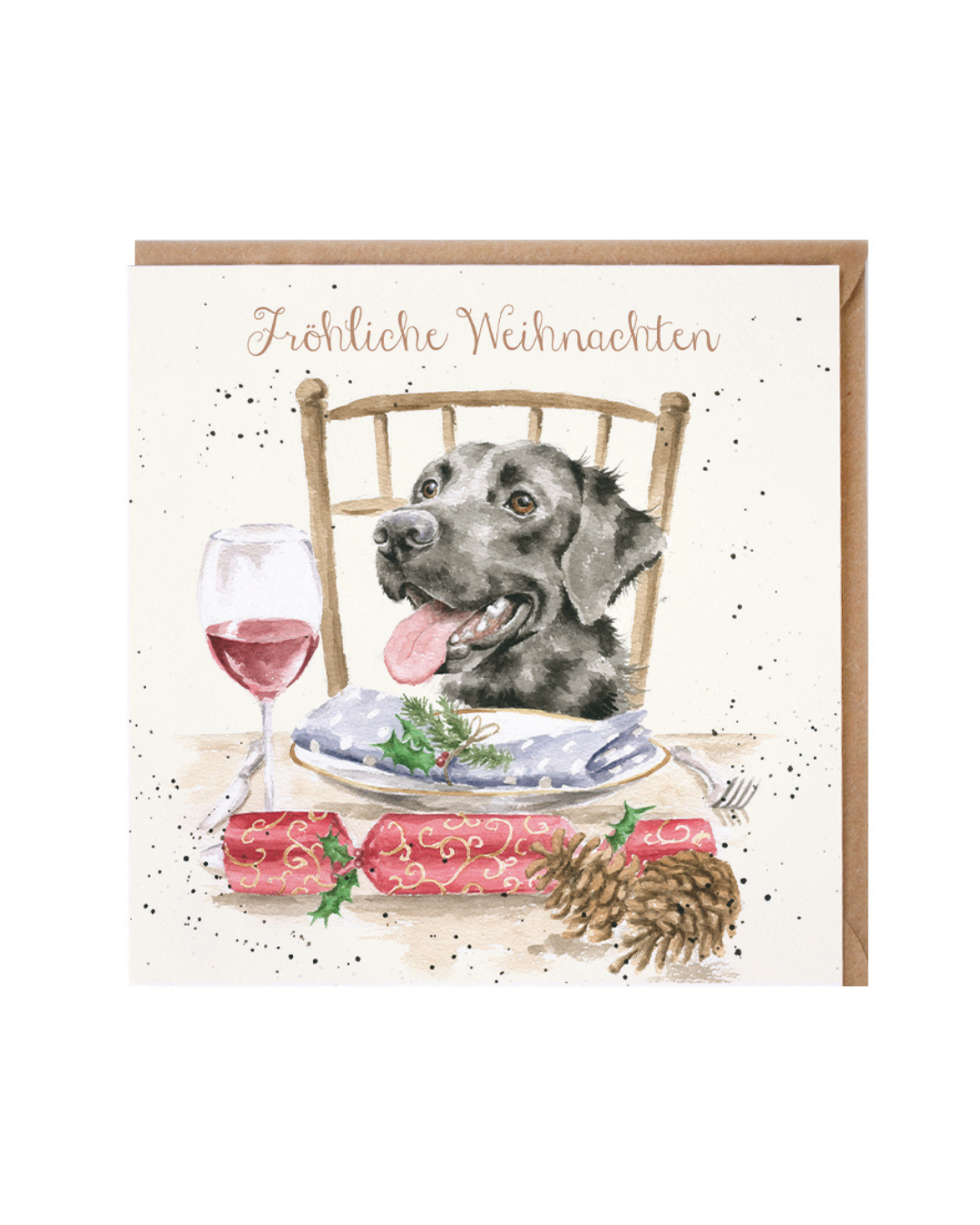 Die Doppelkarte Is This My Seat? von Wrendale Designs zeigt einen humorvoll gezeichneten Hund, der sich anscheinend bei der Platzwahl vertan hat. Freudig hechelnd hat sich die schwarze Fellnase auf einen Stuhl an den Festtagstisch gesetzt und blickt auf ein Glas Rotwein. Die Szene ist detailreich im typischen Stil von Hannah Dale illustriert. Der zarte Schriftzug "Fröhliche Weihnachten" steht in der oberen Bildmitte