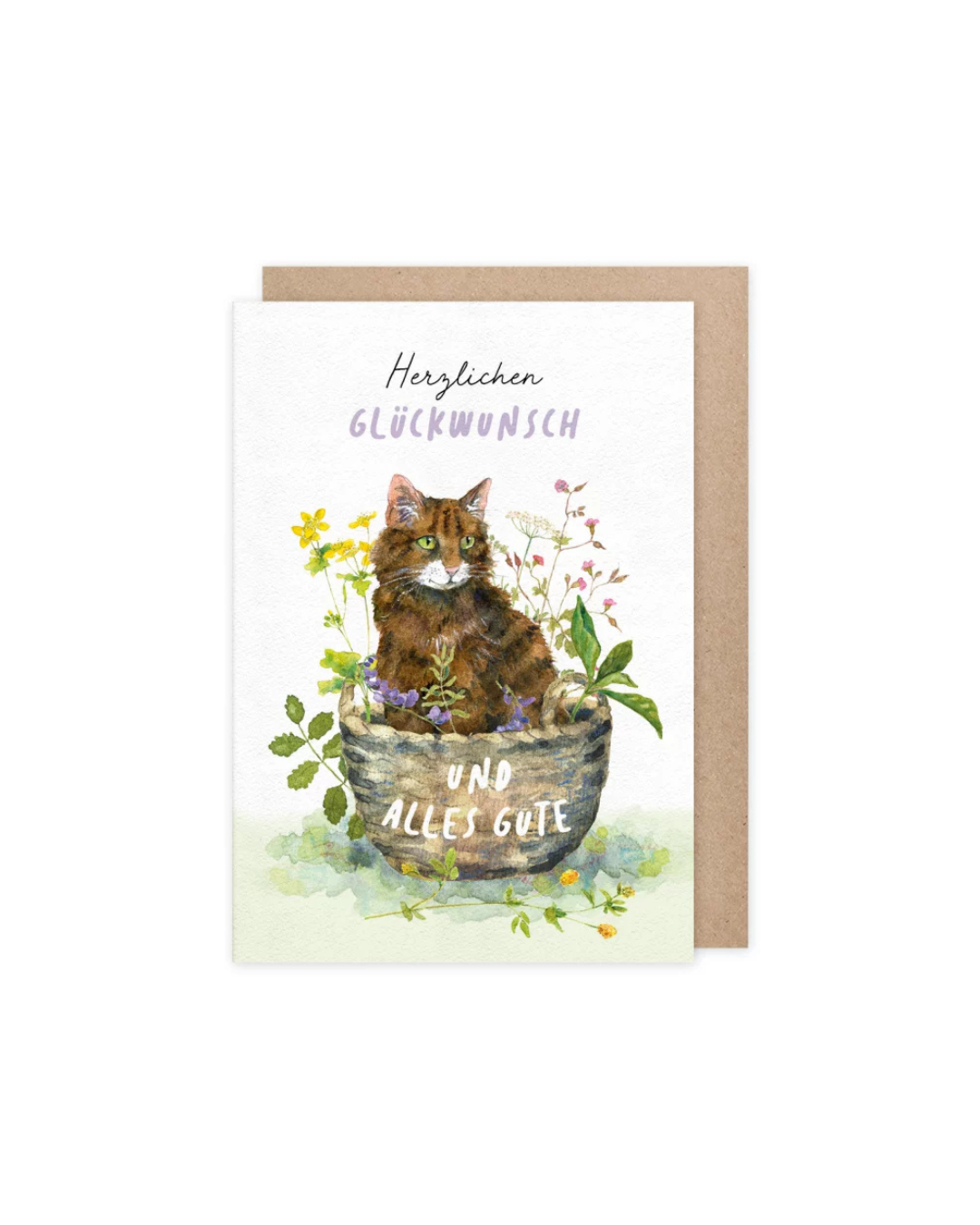 Illustration der Geburtstagskarte „Katze Herzlichen Glückwunsch“ vom Grätz Verlag mit brauner Katze in einem Blumentopf, umgeben von Blumen und Pflanzen, Schriftzug „Herzlichen Glückwunsch und alles Gute“ auf hellem Hintergrund, inklusive braunem Umschlag.