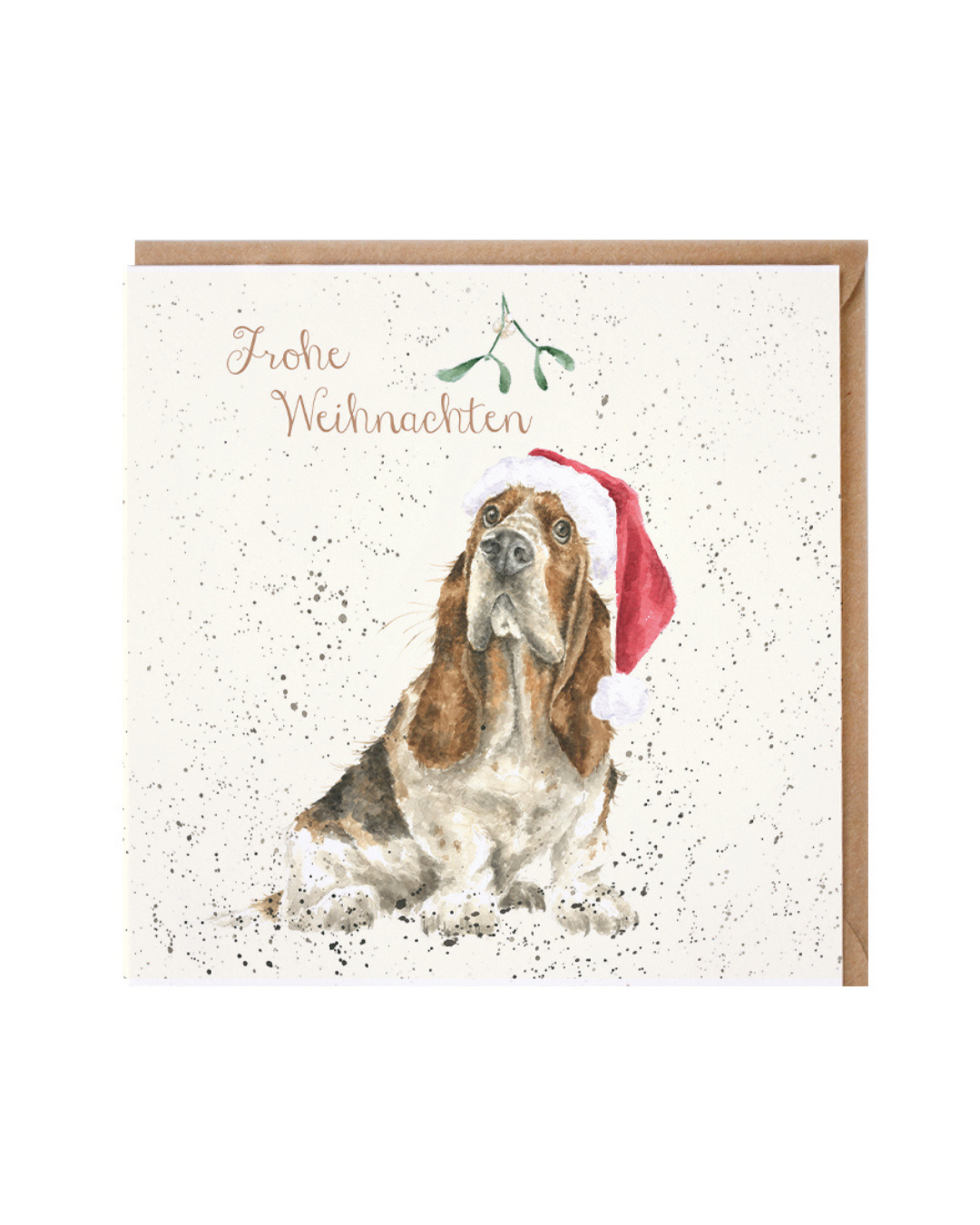 Die Doppelkarte Mistletoe von Wrendale Designs zeigt einen liebevoll illustrierten Hund&nbsp; mit roter Zipfelmütze unter der die langen Schlappohren des faltigen Hundes hervorschauen. Neugierig dreinblickend sitzt der braun-weiße Fellträger unter einem Mistelzweig. Der zarte Schriftzug "Frohe Weihnachten" steht in der oberen Bildmitte.