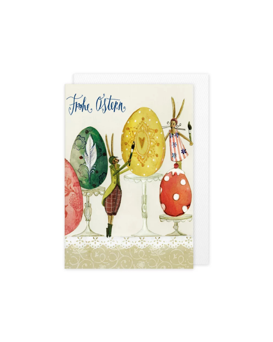 Illustration der Grußkarte „Ostern“ vom Grätz Verlag mit Hasenfiguren, kunstvoll bemalten Ostereiern auf Podesten, Schriftzug „Frohe Ostern“ und dekorativem Musterhintergrund.