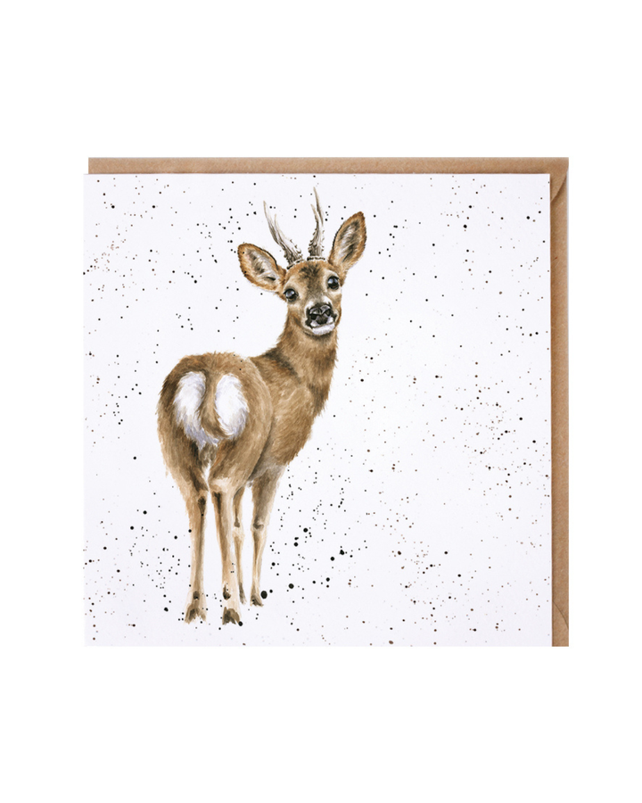 Reh Grußkarte "The Roe Deer" von Wrendale Designs vor weißen Hintergrund. Das Motiv zeigt ein Reh mit großen Augen welches sich zur Kamera dreht.