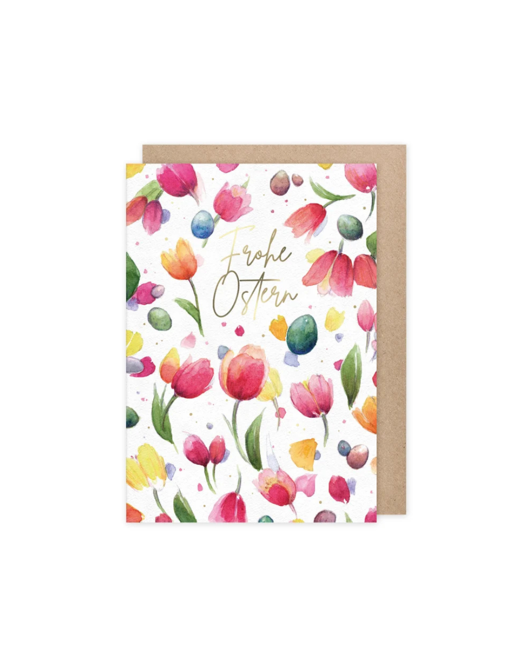 Illustration der Grußkarte „Tulpen Frohe Ostern“ vom Grätz Verlag mit bunten Aquarell-Tulpen, kleinen Ostereiern, goldfarbenem Schriftzug „Frohe Ostern“ und hellem Hintergrund, inklusive braunem Umschlag.