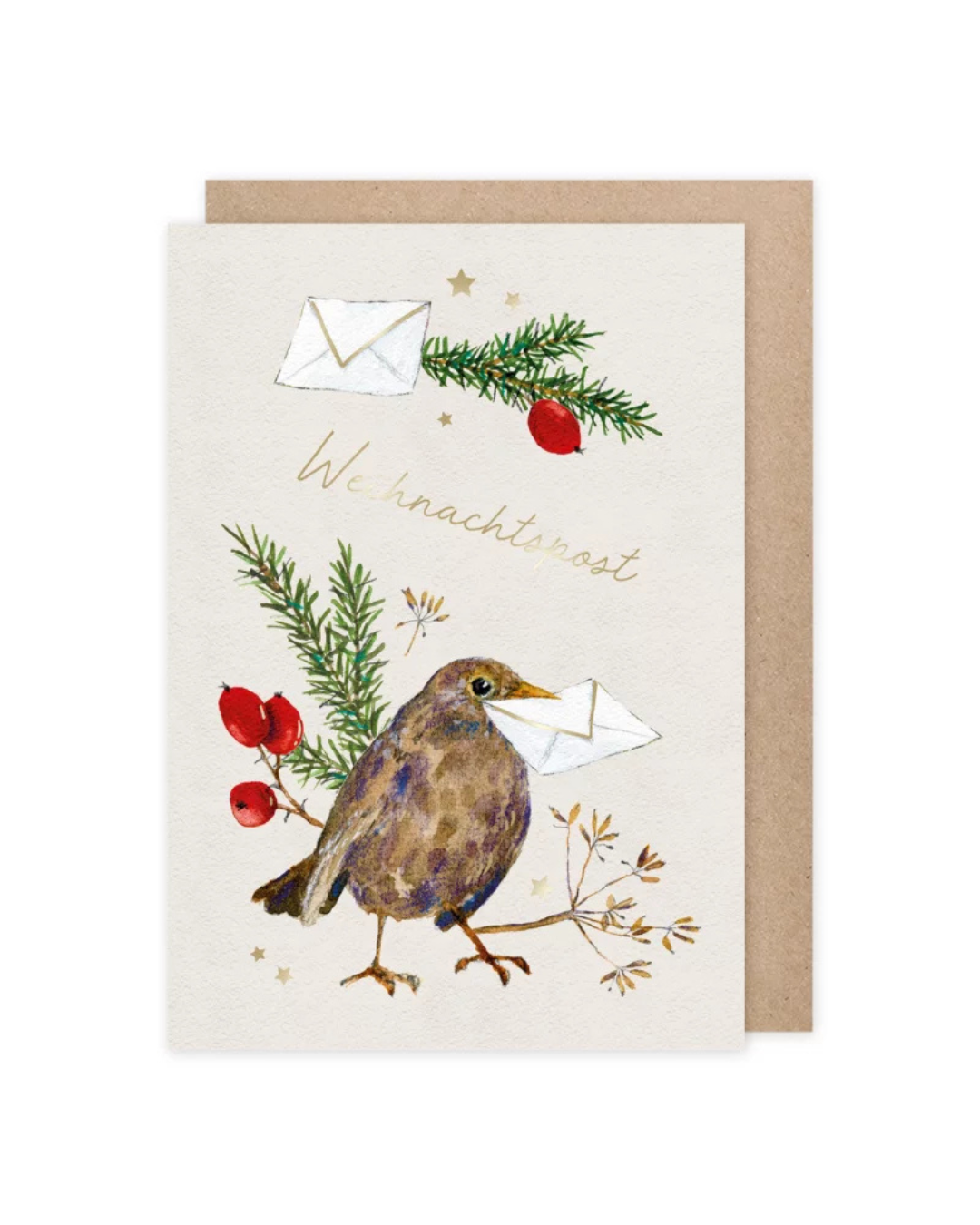 Die Weihnachtskarte "Vogel Weihnachtspost" vom Grätz Verlag hatdurch das detaillierte Motiv einer Amsel mit Briefumschlag im Schnabel, illustriert von Daniela Drescher, einen ganz besonderen Charme. Das freundliche Motiv mit grünen Zweigen, roten Hagebutten und goldenen Highlights signalisiert schon durch die Farbwahl, dass die Feiertage nahen. In der Mitte der Karte steht "Weihnachtspost".